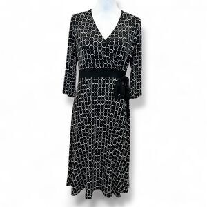 Apt 9 Black White Dress Circle Print Faux Wrap V-Neck Stretch Long Sleeve Medium